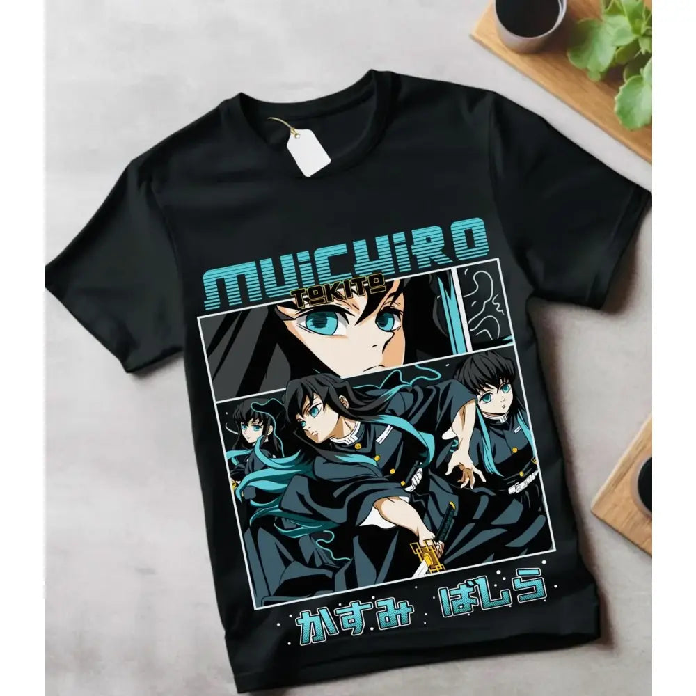 Black pure cotton demon slayer muichiro tokito loose t-shirt with vibrant teal and white anime graphic accents