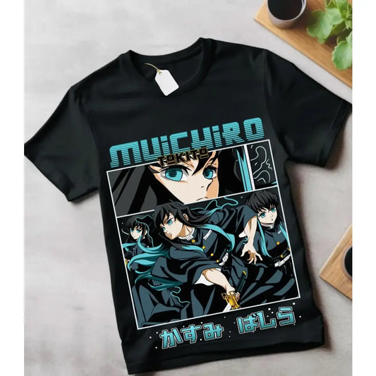 Black pure cotton demon slayer muichiro tokito loose t-shirt with vibrant teal and white anime graphic accents