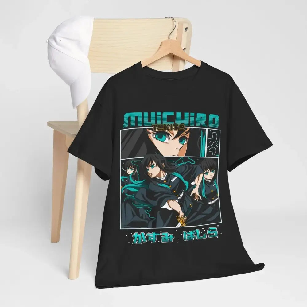Black short-sleeved pure cotton t-shirt featuring vibrant muichiro tokito demon slayer graphic on wooden hanger