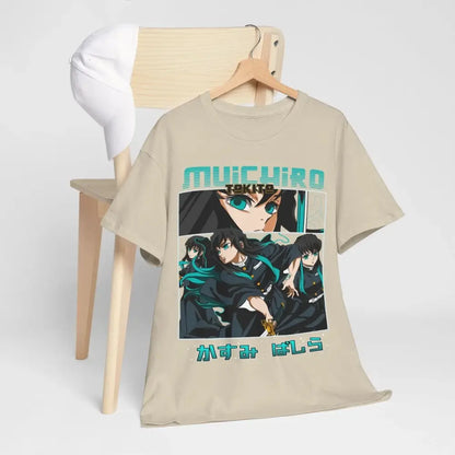 Beige pure cotton short-sleeved demon slayer t-shirt featuring muichiro tokito graphic print with teal accents and japanese text
