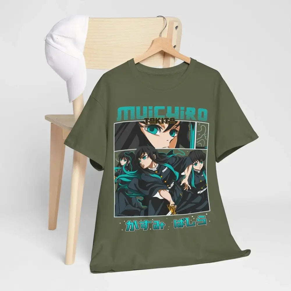 Olive green pure cotton short-sleeved t-shirt with demon slayer muichiro tokito graphic print in teal and black details