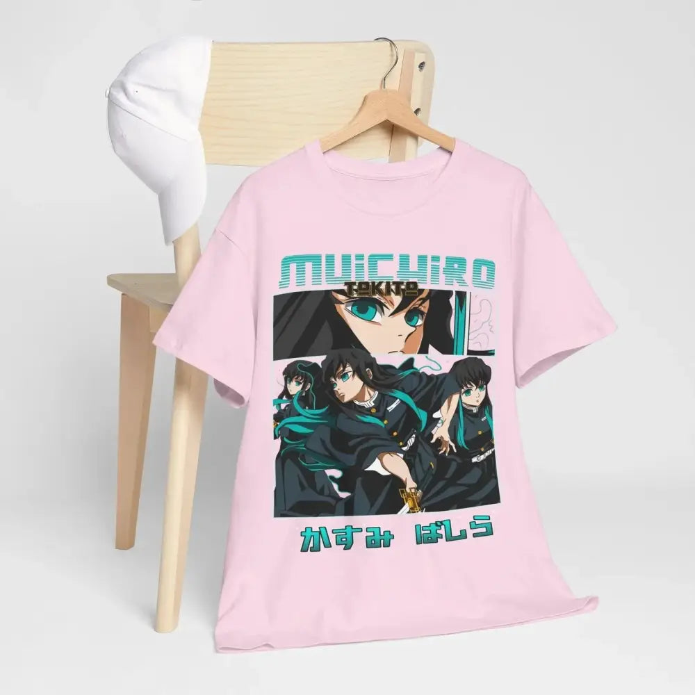 A soft pink pure cotton short-sleeved demon slayer muichiro tokito t-shirt with vibrant anime graphic on wooden hanger