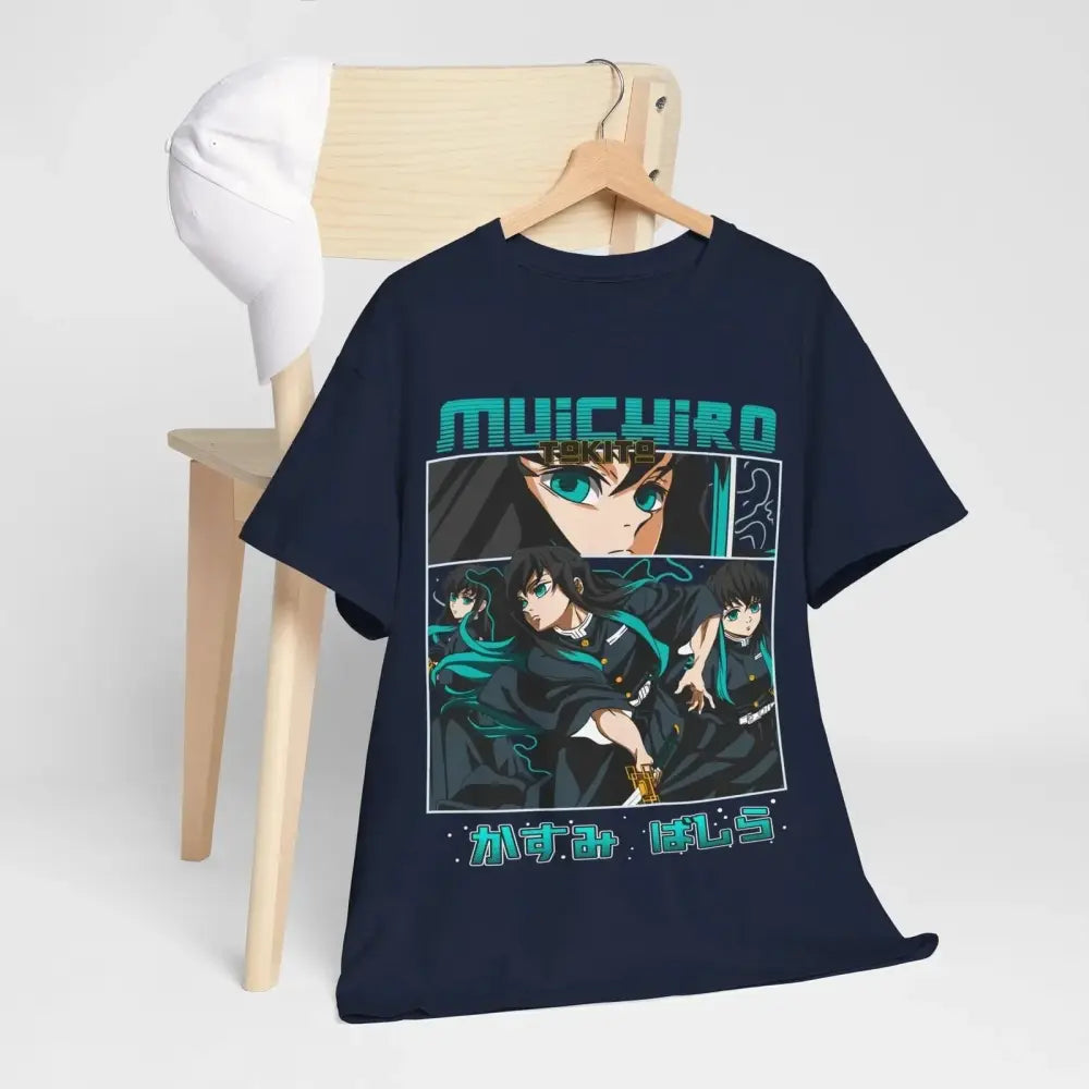 Navy blue demon slayer muichiro tokito t-shirt with graphic print teal accents and japanese text pure cotton short sleeve
