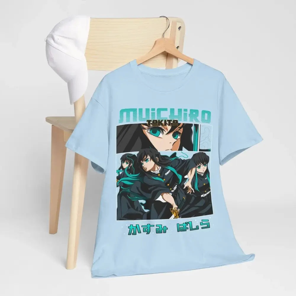 Light blue pure cotton demon slayer muichiro tokito t-shirt with teal and black anime graphic print