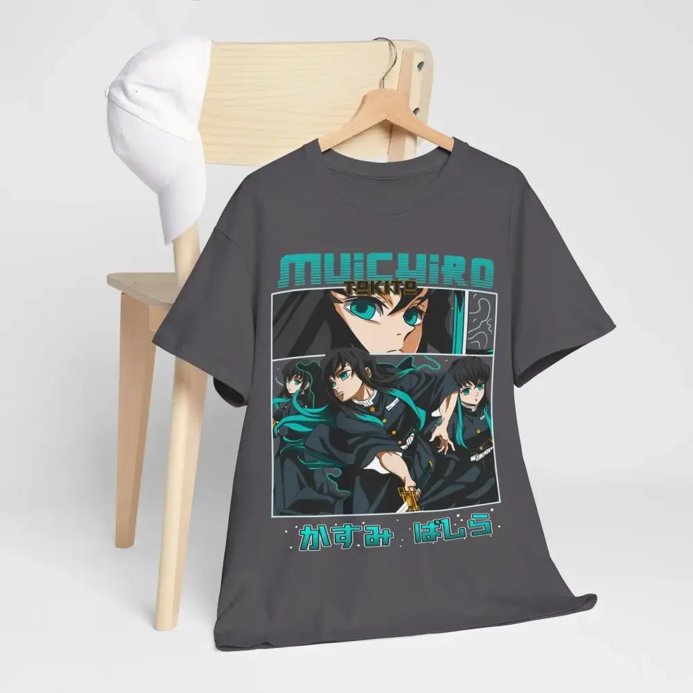 Dark gray pure cotton demon slayer muichiro tokito loose t-shirt with vibrant teal and black anime graphic and text