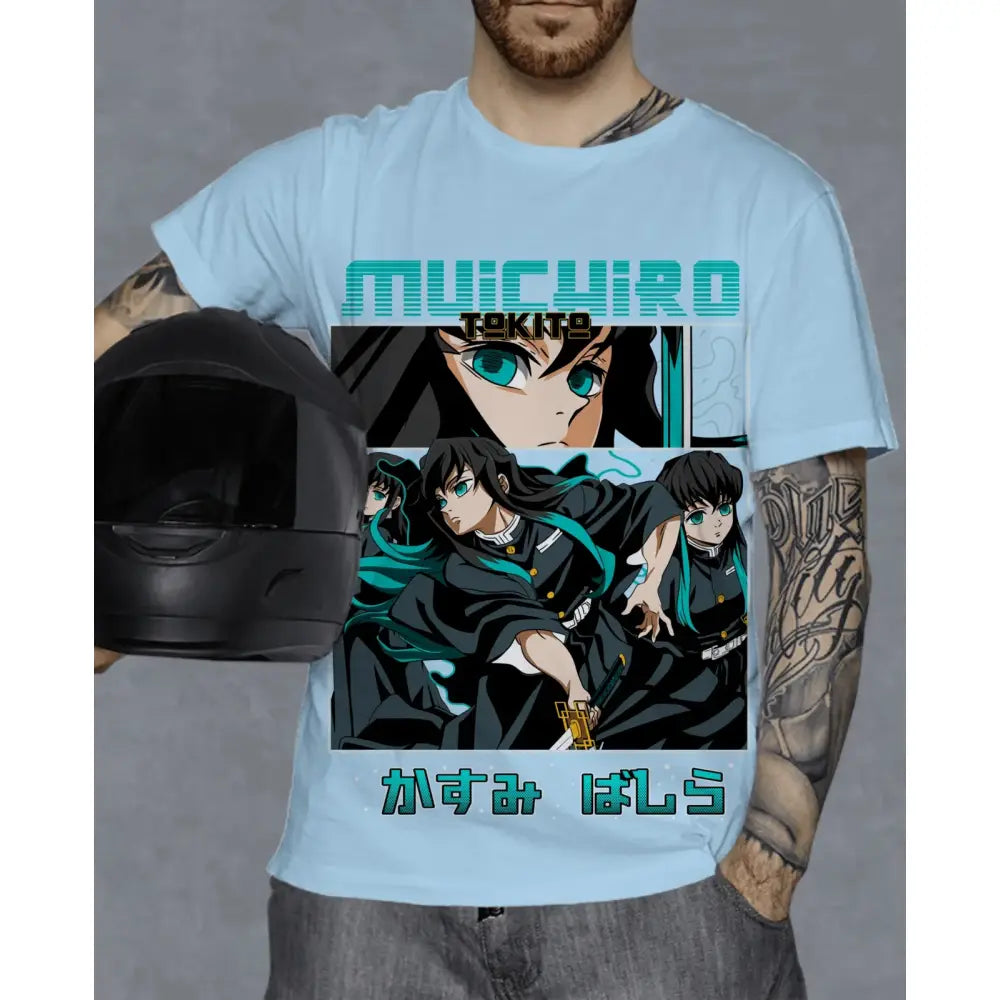 Light blue pure cotton demon slayer t-shirt featuring muichiro tokito graphic print with teal and black artwork