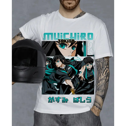 White pure cotton loose t-shirt featuring teal and black muichiro tokito demon slayer graphic with japanese text