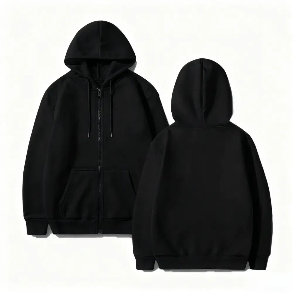 Black zip-up hoodie with front pocket and drawstrings featuring demon slayer muichiro tokit streetwear design