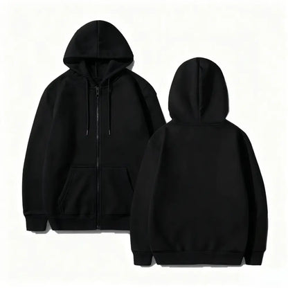 Black zip-up hoodie with front pocket and drawstrings featuring demon slayer muichiro tokit streetwear design
