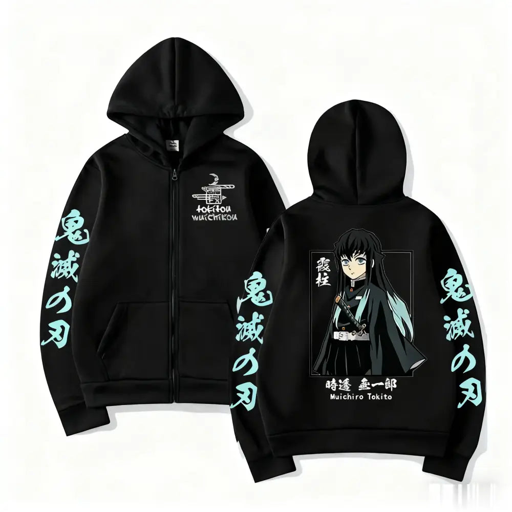 Black zip-up demon slayer muichiro tokit hoodie with light blue anime design and japanese text on the back side