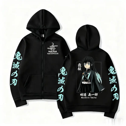 Black zip-up demon slayer muichiro tokit hoodie with light blue anime design and japanese text on the back side