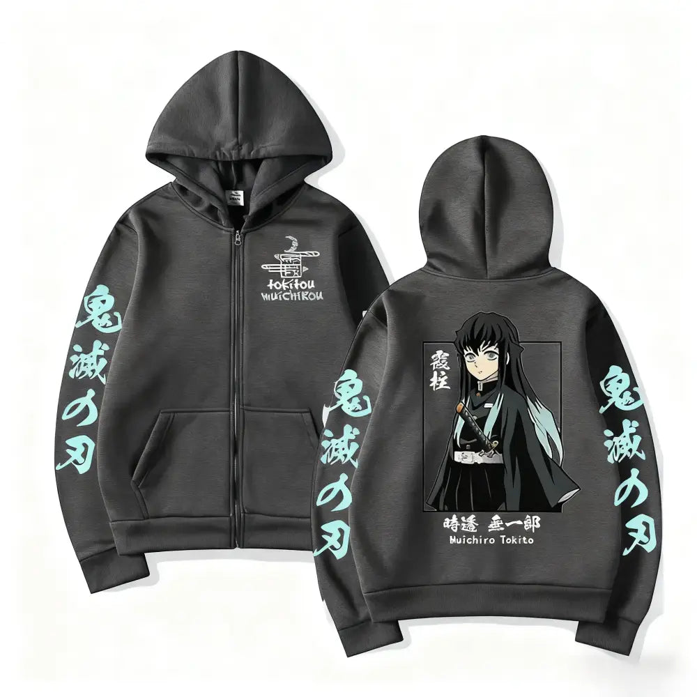 Black zip-up hoodie featuring light blue anime character and japanese text with muichiro tokito print for demon slayer muichiro fans