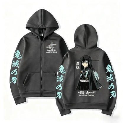 Black zip-up hoodie featuring light blue anime character and japanese text with muichiro tokito print for demon slayer muichiro fans