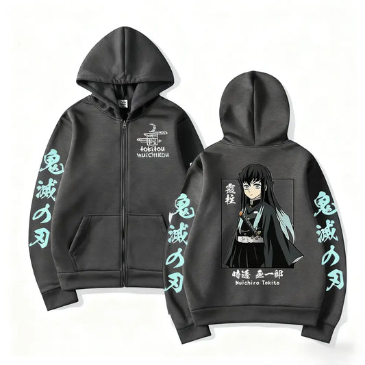 Black zip-up hoodie featuring light blue anime character and japanese text with muichiro tokito print for demon slayer muichiro fans