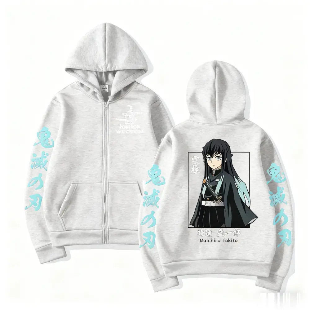 Light gray zip-up muichiro tokit hoodie with printed demon slayer muichiro design and light blue japanese text on sleeves and chest