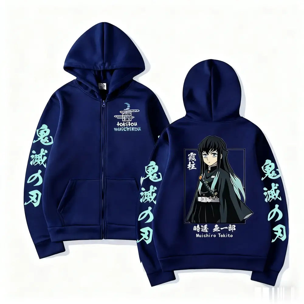Navy blue zip-up cotton hoodie featuring detailed demon slayer muichiro anime design with teal japanese text for streetwear
