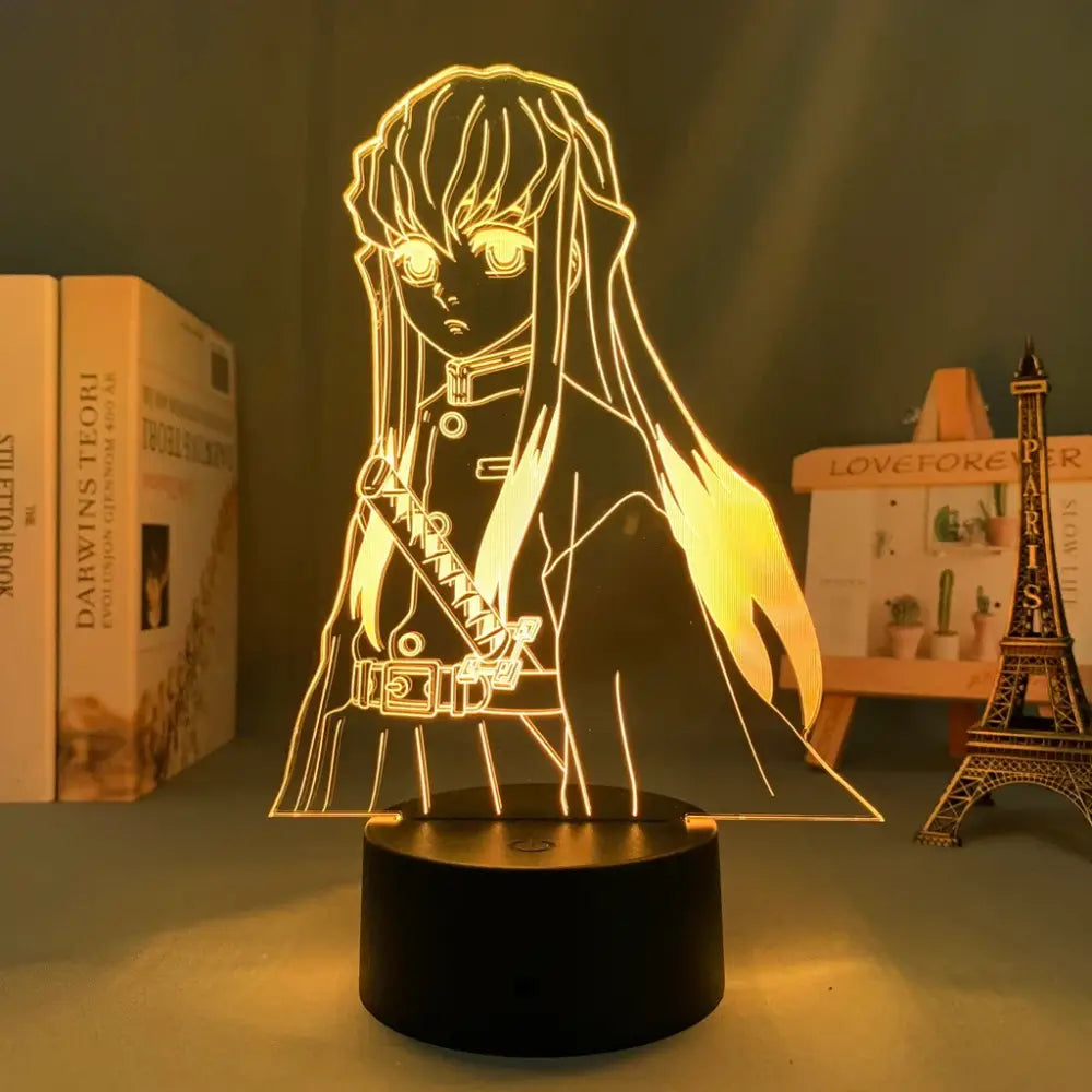 Golden-lit demon slayer nezuko anime led night light silhouette lamp with intricate details and black base