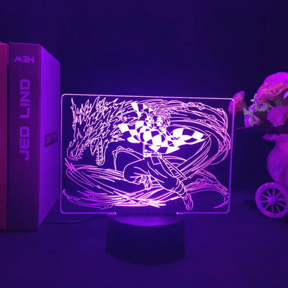 Purple-lit rectangular led night light featuring demon slayer nezuko in dynamic pose with neon outlines and checkered clothing