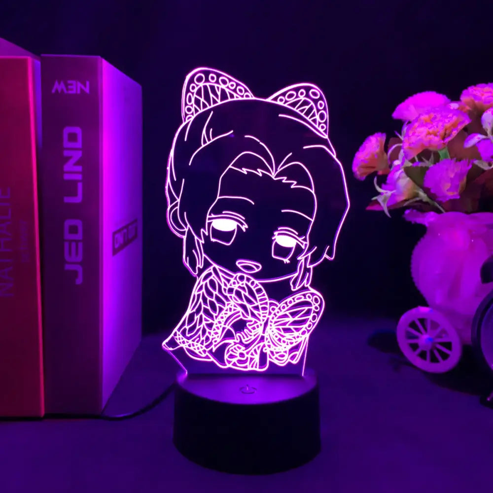 Purple glowing demon slayer nezuko led night light shaped like chibi anime character with cat ears and butterfly wings