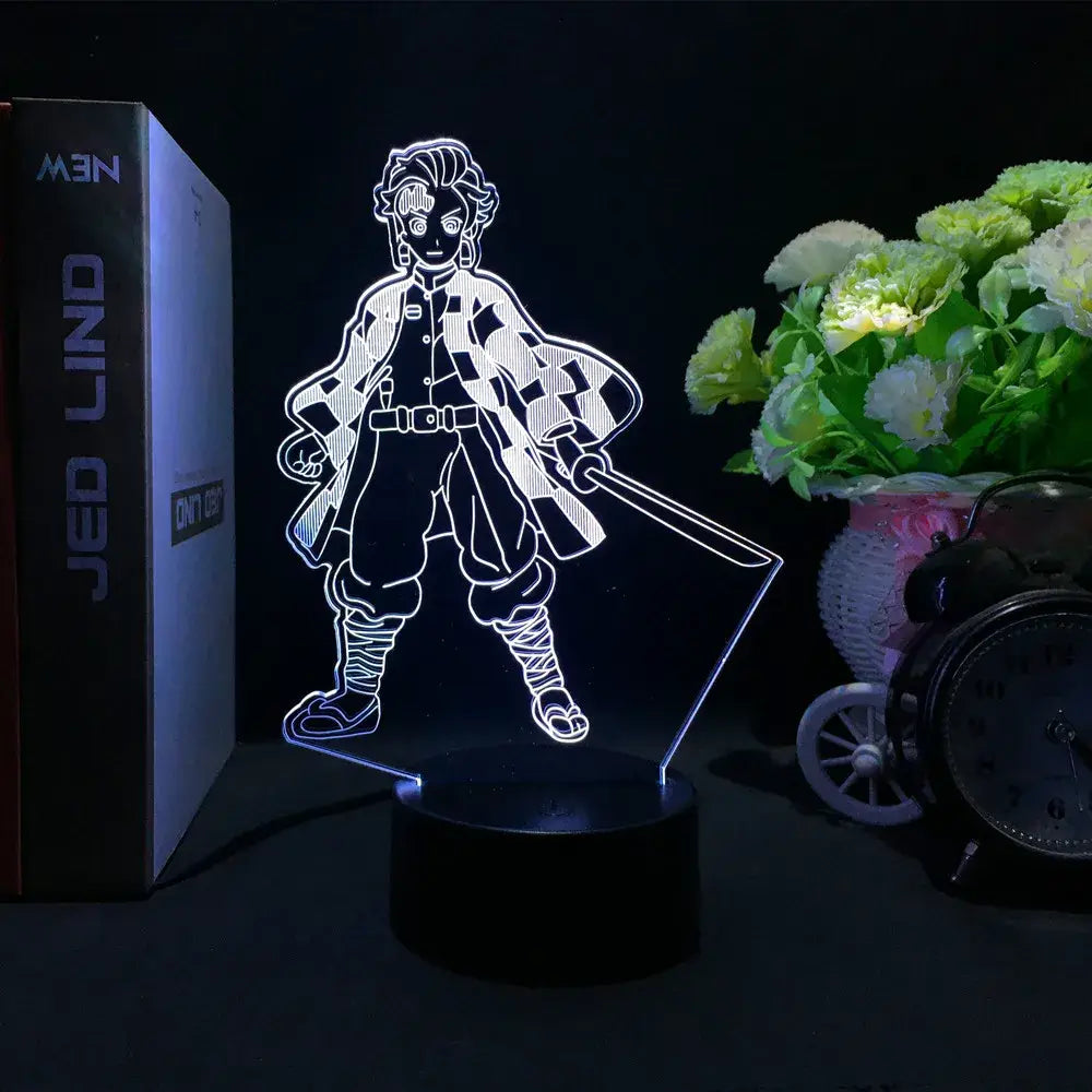 Demon slayer nezuko led night light glowing white 3d anime lamp in checkered uniform holding sword against dark background