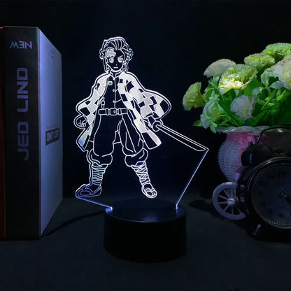 Demon slayer nezuko led night light glowing white 3d anime lamp in checkered uniform holding sword against dark background