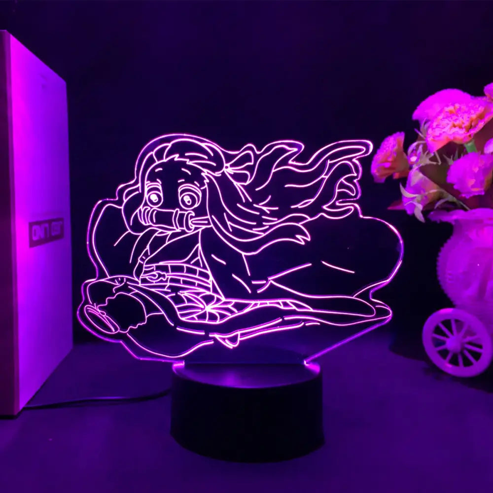 Purple neon-lit 3d led night light featuring glowing demon slayer tanjiro kamado outline anime lamp design
