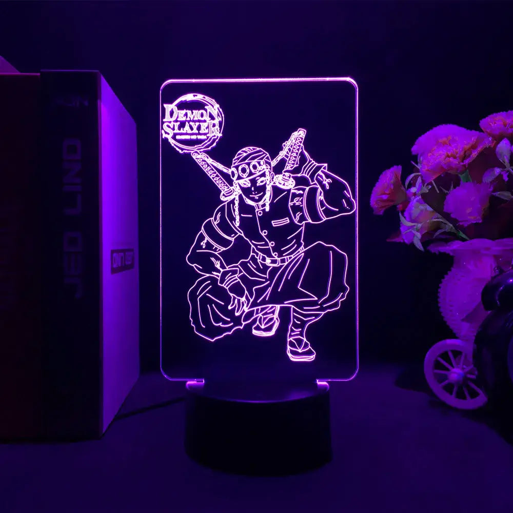 Purple-lit demon slayer led night light featuring a glowing acrylic panel of inosuke hashibira in signature pose