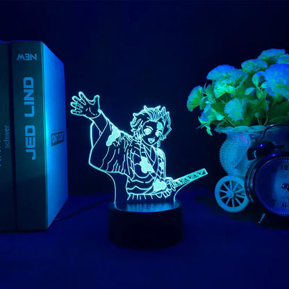 Blue glowing demon slayer nezuko 3d led night light with intricate line art design anime lamp for bedroom decor
