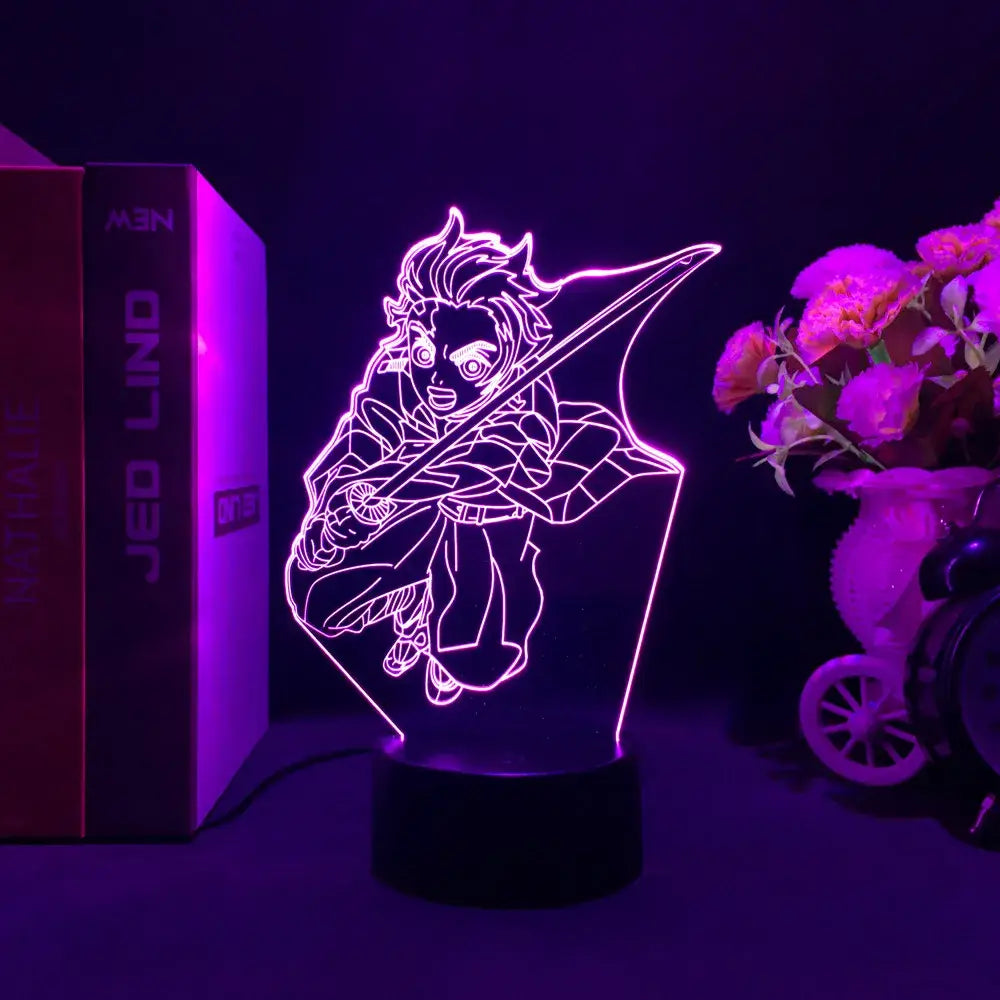 Purple glowing demon slayer nezuko led night light shaped like stylized anime character holding sword for decoration