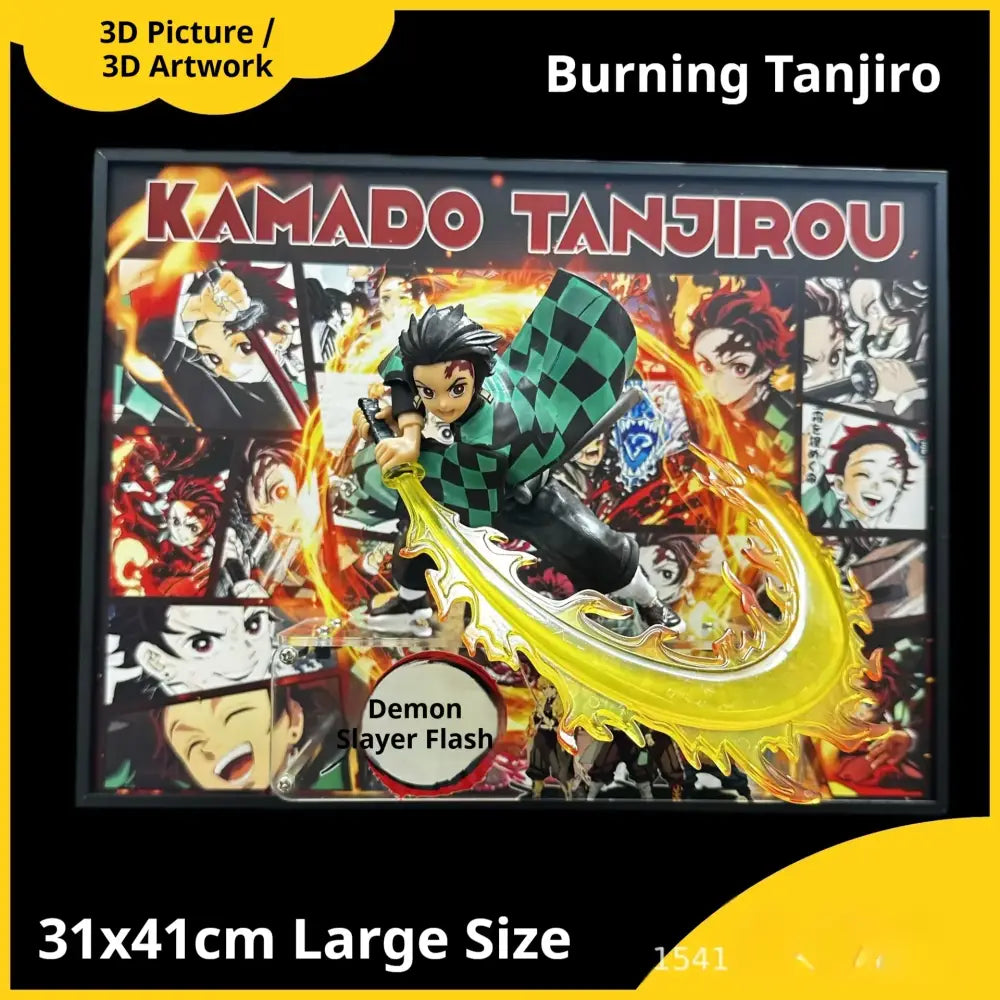 Burning tanjiro action figure in green checkered outfit with translucent sword on 3d frame demon slayer led night light