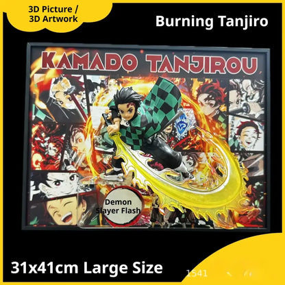 Burning tanjiro action figure in green checkered outfit with translucent sword on 3d frame demon slayer led night light