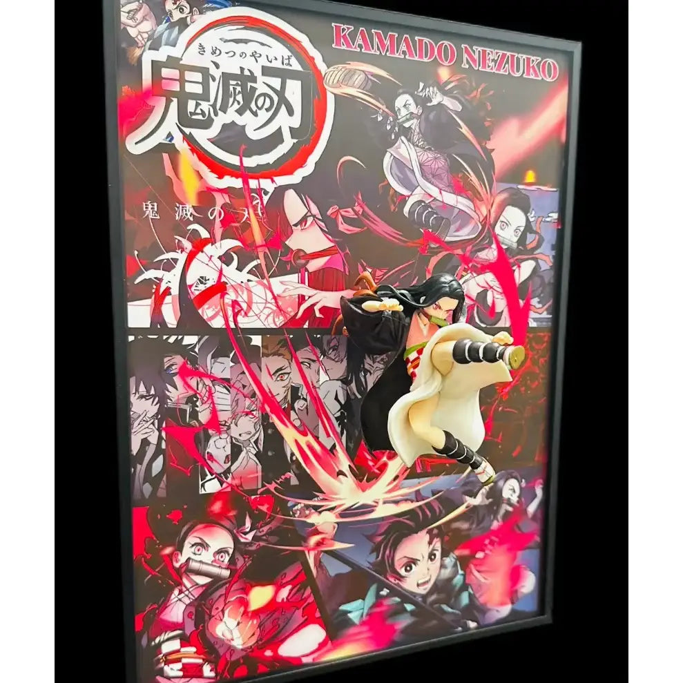 A framed illuminated led night light poster of kamado nezuko from demon slayer in fiery red and black artwork