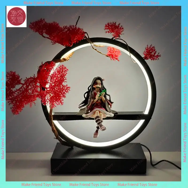 Demon slayer nezuko 3d usb led night light features a black circular lamp with red coral branches and a figurine sitting on the ring