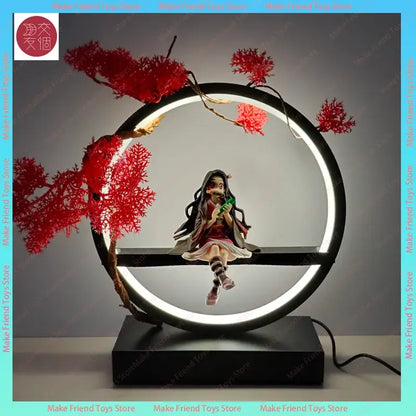Demon slayer nezuko 3d usb led night light features a black circular lamp with red coral branches and a figurine sitting on the ring