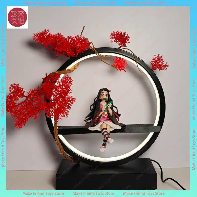 Demon slayer nezuko 3d led night light with black circular frame and tanjiro kamado figurine with red cherry blossoms