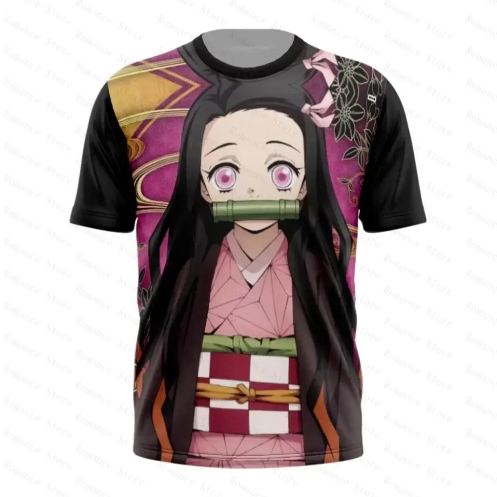 Black short-sleeved demon slayer t-shirt with quick-dry soft fabric featuring an allover print of nezuko kamado