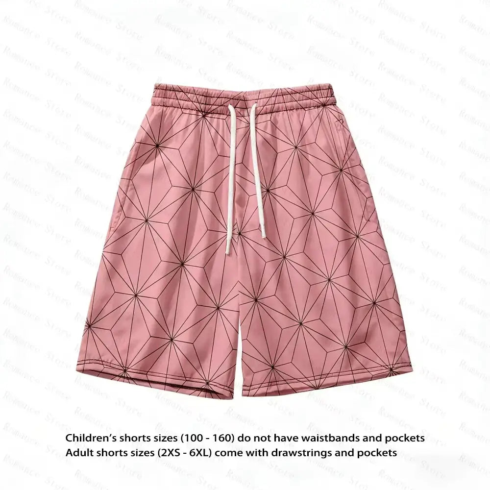 Pink shorts with geometric pattern and white drawstrings complementing demon slayer nezuko kamado allover print t-shirt