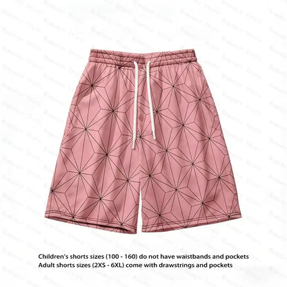 Pink shorts with geometric pattern and white drawstrings complementing demon slayer nezuko kamado allover print t-shirt
