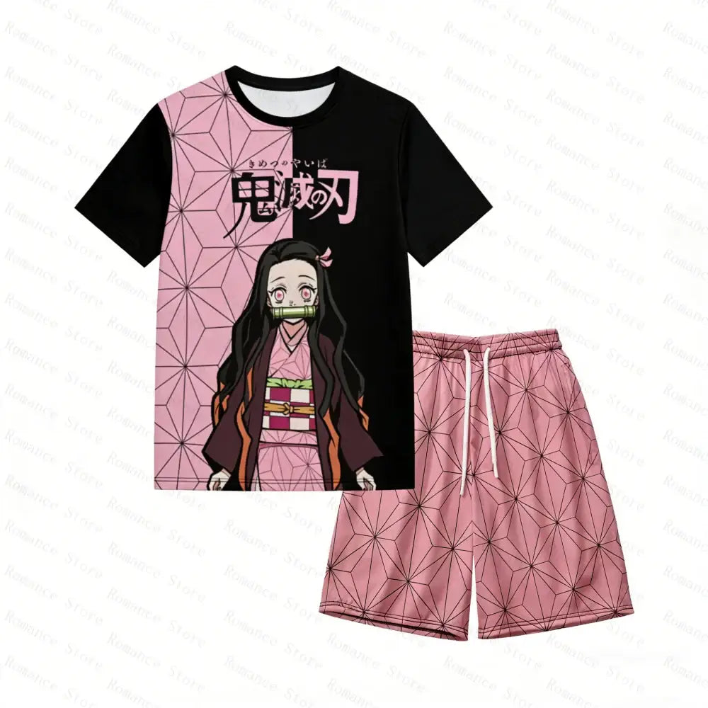 Black and pink anime-themed two-piece set featuring nezuko kamado demon slayer allover print with geometric patterns