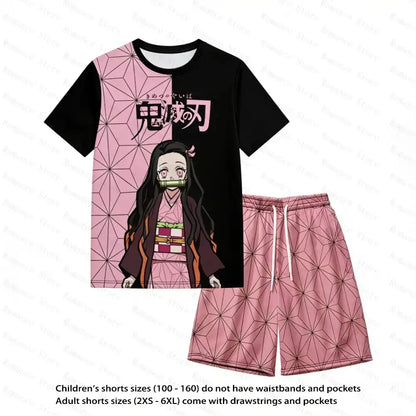 Black and pink demon slayer two-piece outfit with nezuko kamado allover print quick-dry soft t-shirt and shorts