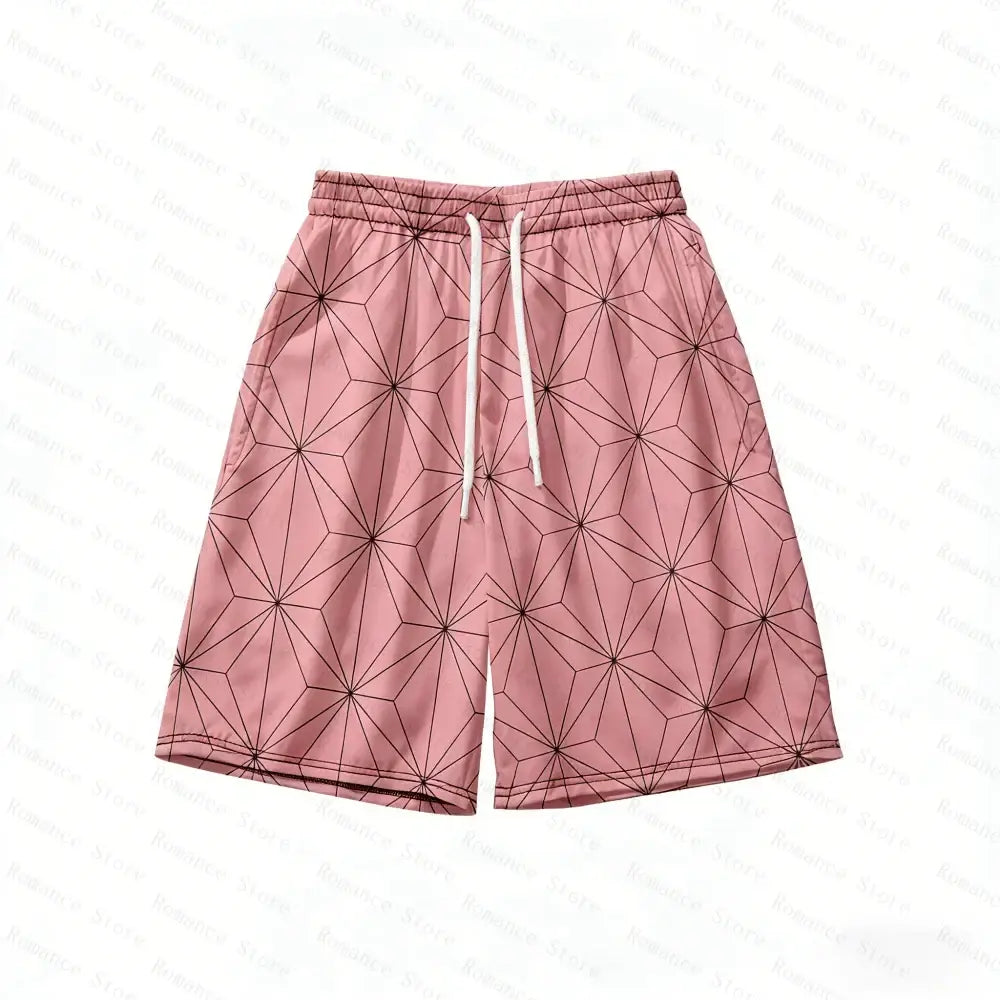 Pink shorts with a geometric pattern and white drawstrings complement the demon slayer nezuko kamado allover print t-shirt