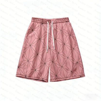 Pink shorts with a geometric pattern and white drawstrings complement the demon slayer nezuko kamado allover print t-shirt