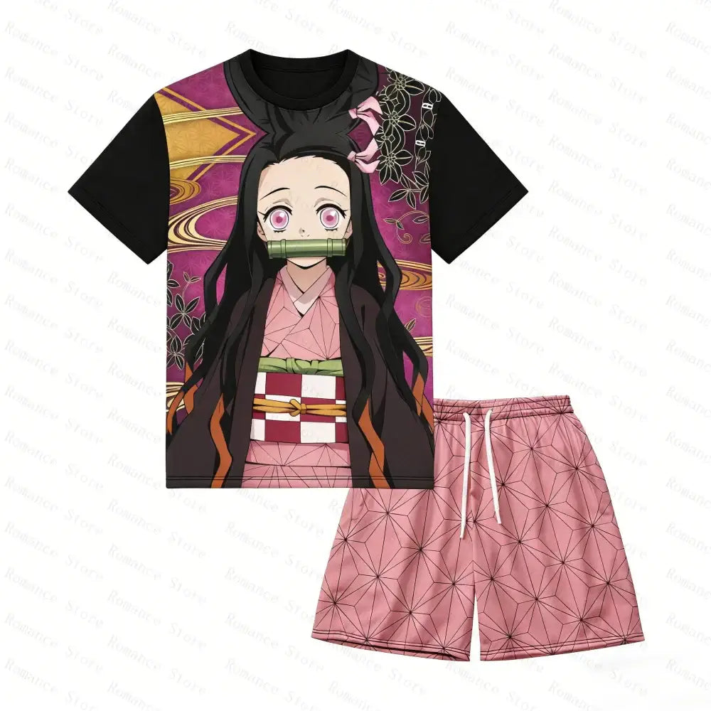 Pink and black demon slayer nezuko kamado two-piece outfit with allover print t-shirt and geometric pattern shorts