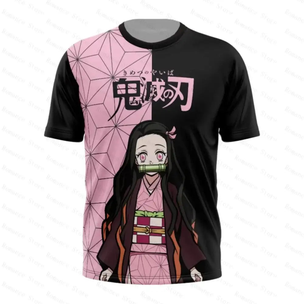 Black and pink demon slayer nezuko kamado allover print t-shirt with geometric patterns and japanese text quick-dry soft