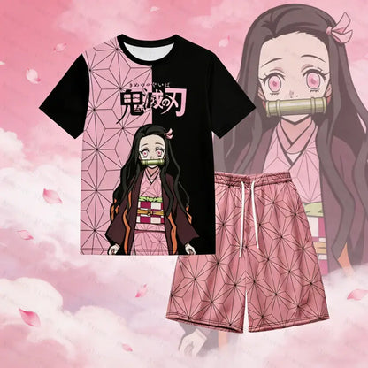 Black and pink demon slayer nezuko kamado two-piece set with allover print quick-dry soft graphic tee and shorts
