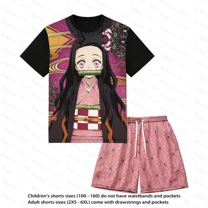 Black and pink demon slayer nezuko kamado allover print two-piece quick-dry soft t-shirt and shorts set