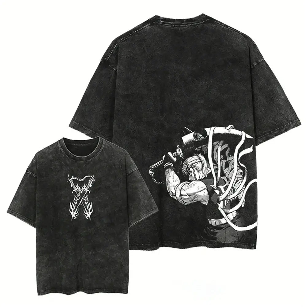 Black oversized washed vintage demon slayer sanemi shinazugawa t-shirt with faded wash and white graphic prints front and back