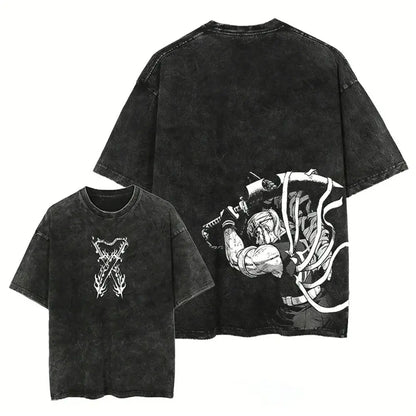 Black oversized washed vintage demon slayer sanemi shinazugawa t-shirt with faded wash and white graphic prints front and back
