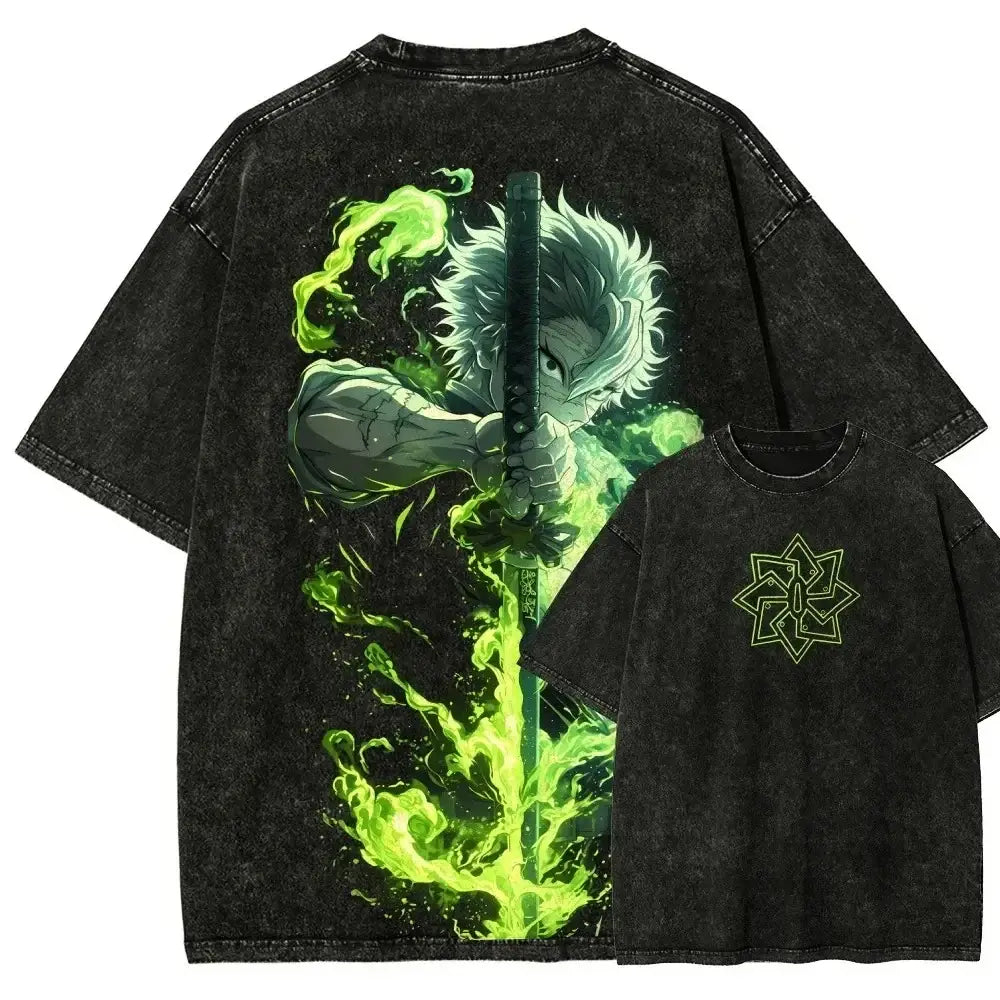 Back of a black distressed cotton demon slayer sanemi shinazugawa t-shirt with vibrant green anime design washed vintage style