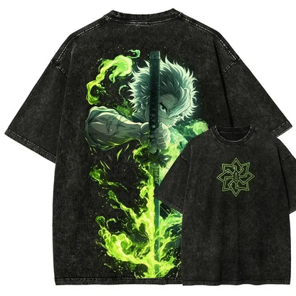 Back of a black distressed cotton demon slayer sanemi shinazugawa t-shirt with vibrant green anime design washed vintage style